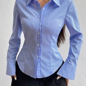 Classic Blue Stripe Button-Down Shirt - Womens Top